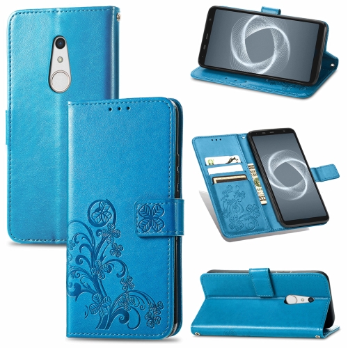 

For FUJITSU F-41B Four-leaf Clasp Embossed Buckle Mobile Phone Protection Leather Case with Lanyard & Card Slot & Wallet & Bracket Function(Blue)