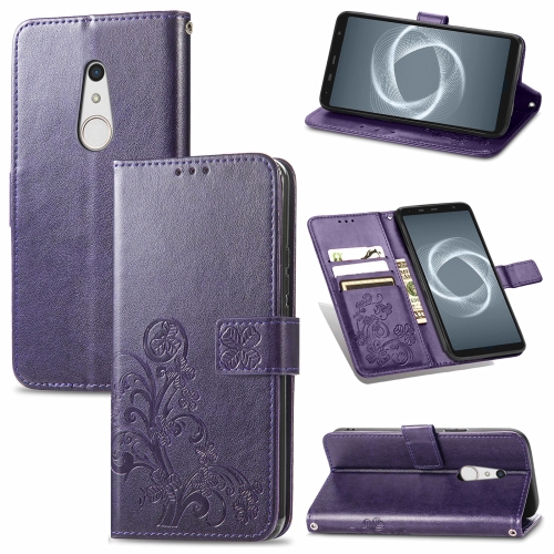 

For FUJITSU F-41B Four-leaf Clasp Embossed Buckle Mobile Phone Protection Leather Case with Lanyard & Card Slot & Wallet & Bracket Function(Purple)