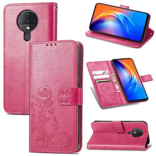 

For Tecno Spark 6 Four-leaf Clasp Embossed Buckle Mobile Phone Protection Leather Case with Lanyard & Card Slot & Wallet & Bracket Function(Magenta)