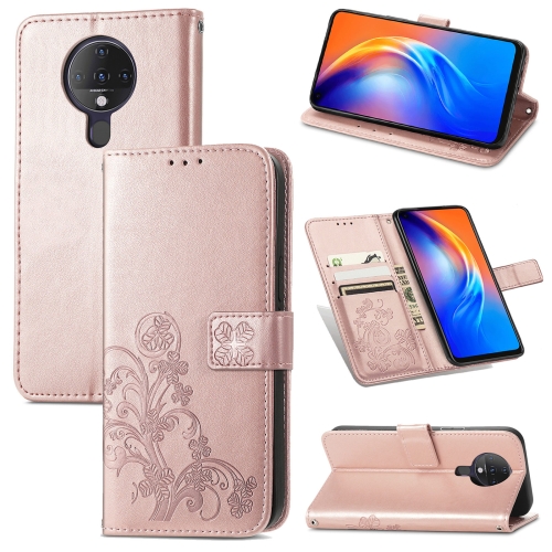 

For Tecno Spark 6 Four-leaf Clasp Embossed Buckle Mobile Phone Protection Leather Case with Lanyard & Card Slot & Wallet & Bracket Function(Rose Gold)
