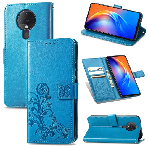 

For Tecno Spark 6 Four-leaf Clasp Embossed Buckle Mobile Phone Protection Leather Case with Lanyard & Card Slot & Wallet & Bracket Function(Blue)