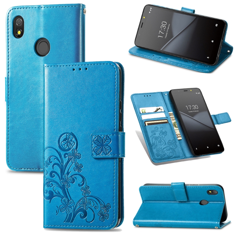 

For Tecno Pop 3 Four-leaf Clasp Embossed Buckle Mobile Phone Protection Leather Case with Lanyard & Card Slot & Wallet & Bracket Function(Blue)