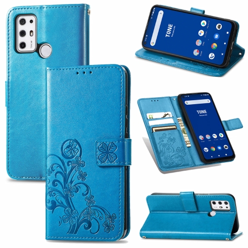 

For Tone E21 Four-leaf Clasp Embossed Buckle Mobile Phone Protection Leather Case with Lanyard & Card Slot & Wallet & Bracket Function(Blue)