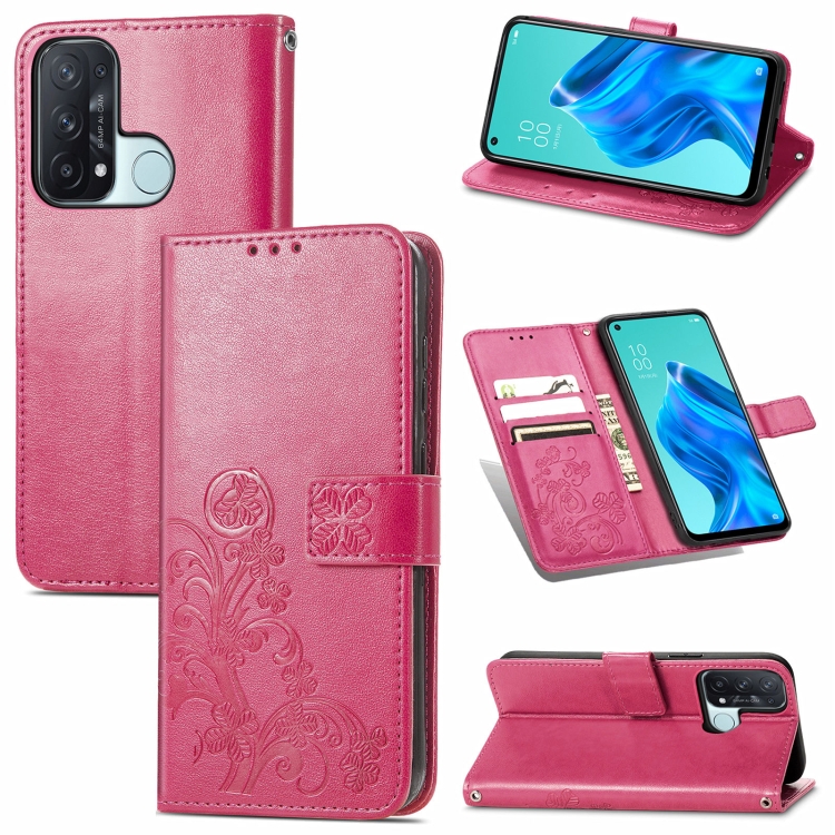 

For OPPO Reno5 A Four-leaf Clasp Embossed Buckle Mobile Phone Protection Leather Case with Lanyard & Card Slot & Wallet & Bracket Function(Magenta)