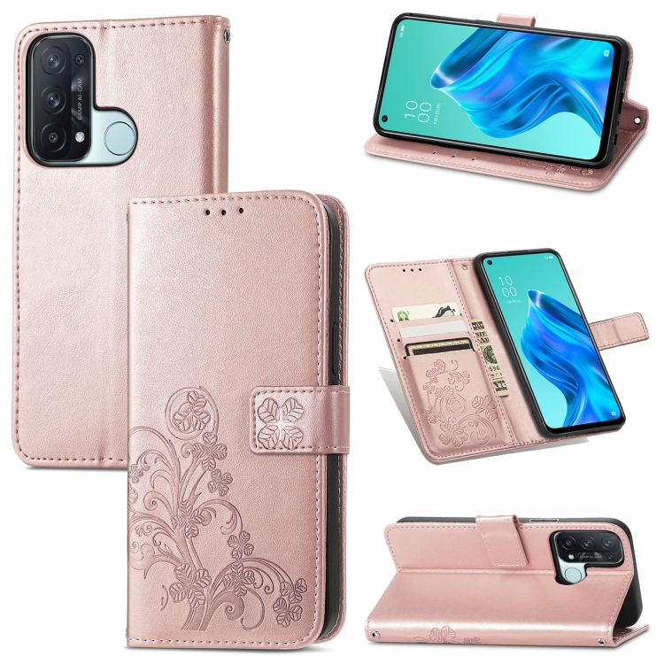 

For OPPO Reno5 A Four-leaf Clasp Embossed Buckle Mobile Phone Protection Leather Case with Lanyard & Card Slot & Wallet & Bracket Function(Rose Gold)