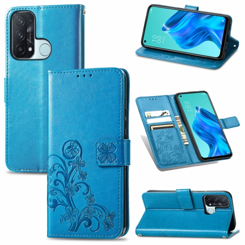 

For OPPO Reno5 A Four-leaf Clasp Embossed Buckle Mobile Phone Protection Leather Case with Lanyard & Card Slot & Wallet & Bracket Function(Blue)