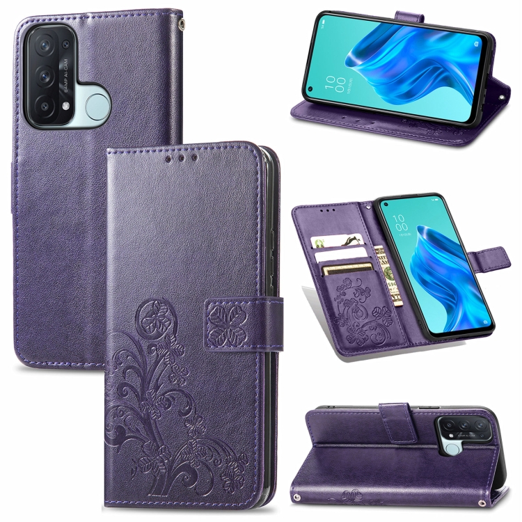 

For OPPO Reno5 A Four-leaf Clasp Embossed Buckle Mobile Phone Protection Leather Case with Lanyard & Card Slot & Wallet & Bracket Function(Purple)
