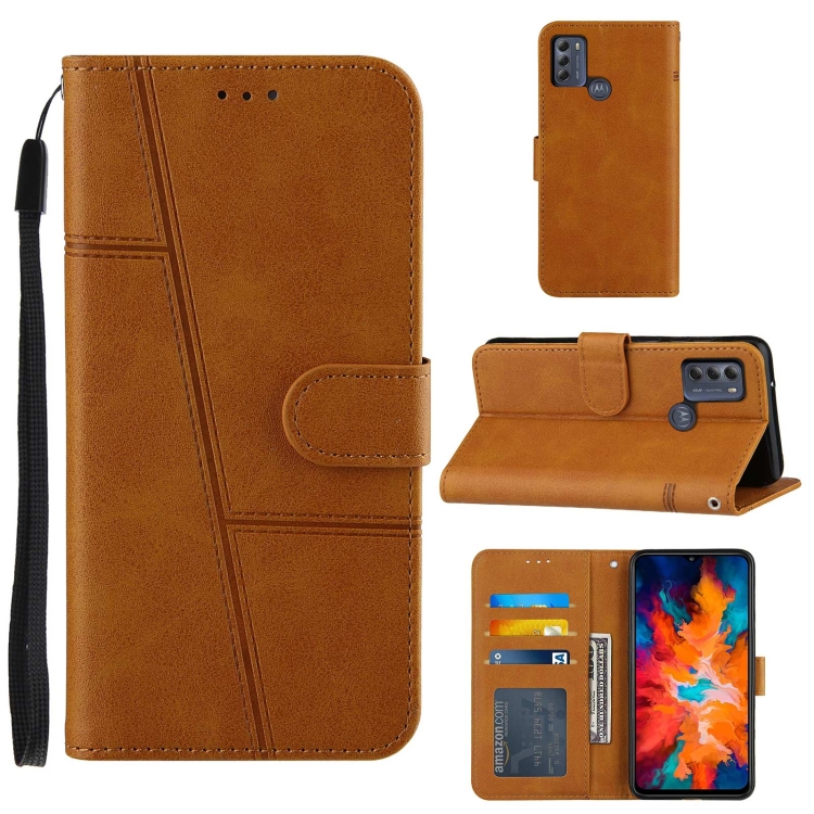 

For Motorola G50 Stitching Calf Pattern Buckle Card Wallet with Flip Phone Holster with Lanyard Bracket Function(Yellow)