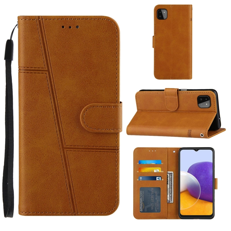 

For Samsung Galaxy A22 5G Stitching Calf Pattern Buckle Card Wallet with Flip Phone Holster with Lanyard Bracket Function(Yellow)