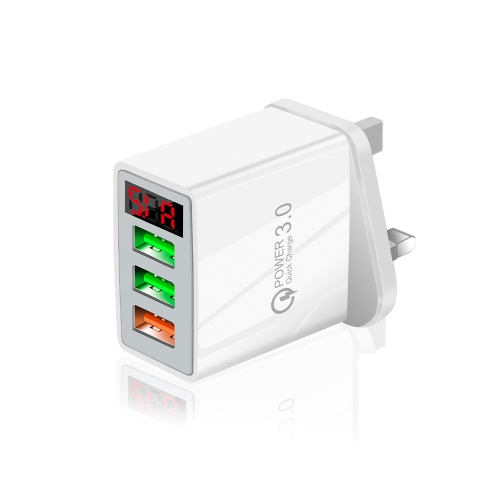 

QC-07 5.1A QC3.0 3-USB Ports Fast Charger with LED Digital Display for Mobile Phones and Tablets, UK Plug(White)