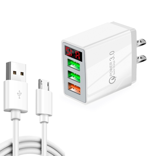 

QC-07A QC3.0 3USB LED Digital Display Fast Charger + USB to Micro USB Data Cable, US Plug(White)