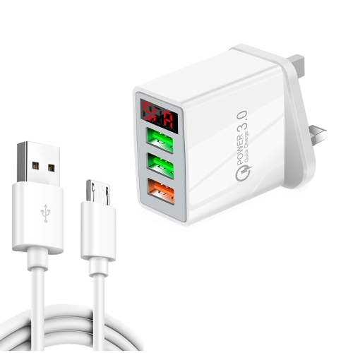 

QC-07A QC3.0 3USB LED Digital Display Fast Charger + USB to Micro USB Data Cable, UK Plug(White)