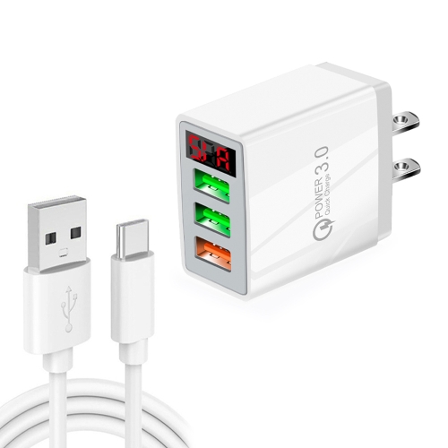 

QC-07B QC3.0 3USB LED Digital Display Fast Charger + USB to Type-C Data Cable, US Plug(White)