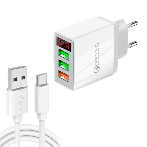 

QC-07B QC3.0 3USB LED Digital Display Fast Charger + USB to Type-C Data Cable, EU Plug(White)