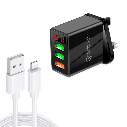 

QC-07C QC3.0 3USB LED Digital Display Fast Charger + USB to 8 Pin Data Cable, UK Plug(Black)