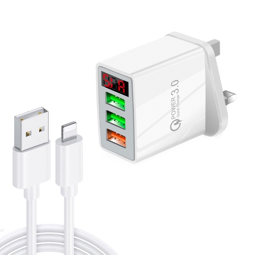 

QC-07C QC3.0 3USB LED Digital Display Fast Charger + USB to 8 Pin Data Cable, UK Plug(White)