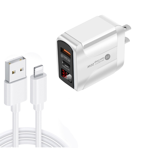 

PD001C PD3.0 20W + QC3.0 USB LED Digital Display Fast Charger with USB to 8 Pin Data Cable, US Plug(White)