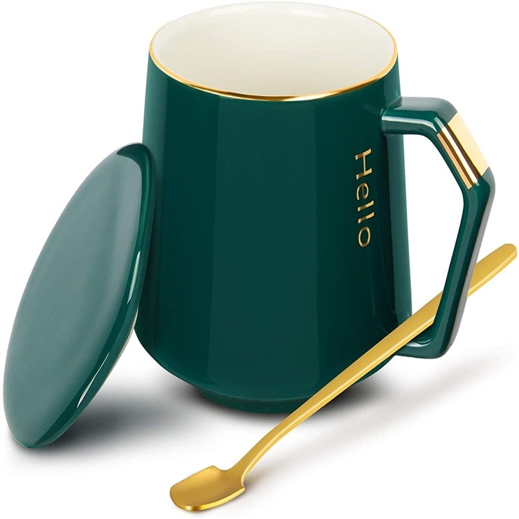

Ceramic Green Mugs Coffee Mug with Lid Coffee Cup + Stainless Steel Spoon, 12oz/380ml Tea Mug