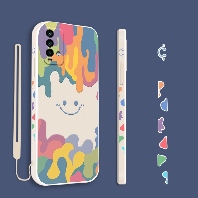 

For Xiaomi Redmi Note 9 4G Cube Painted Smiley Straight Side Liquid Silicone Shockproof Case with Hand Strap(White)