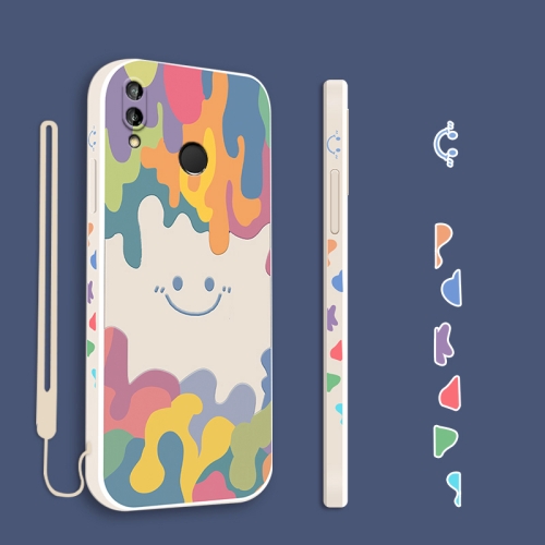 

For Xiaomi Redmi Note 7 / Note 7 Pro Cube Painted Smiley Straight Side Liquid Silicone Shockproof Case with Hand Strap(White)