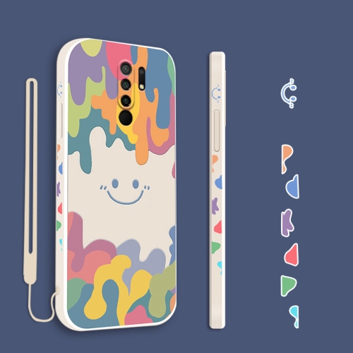 

For Xiaomi Redmi 9 Cube Painted Smiley Straight Side Liquid Silicone Shockproof Case with Hand Strap(White)