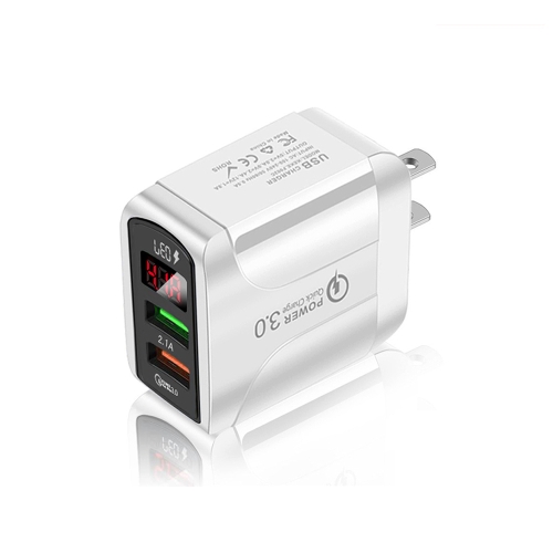 

F002C QC3.0 USB + USB 2.0 Fast Charger with LED Digital Display for Mobile Phones and Tablets, US Plug(White)