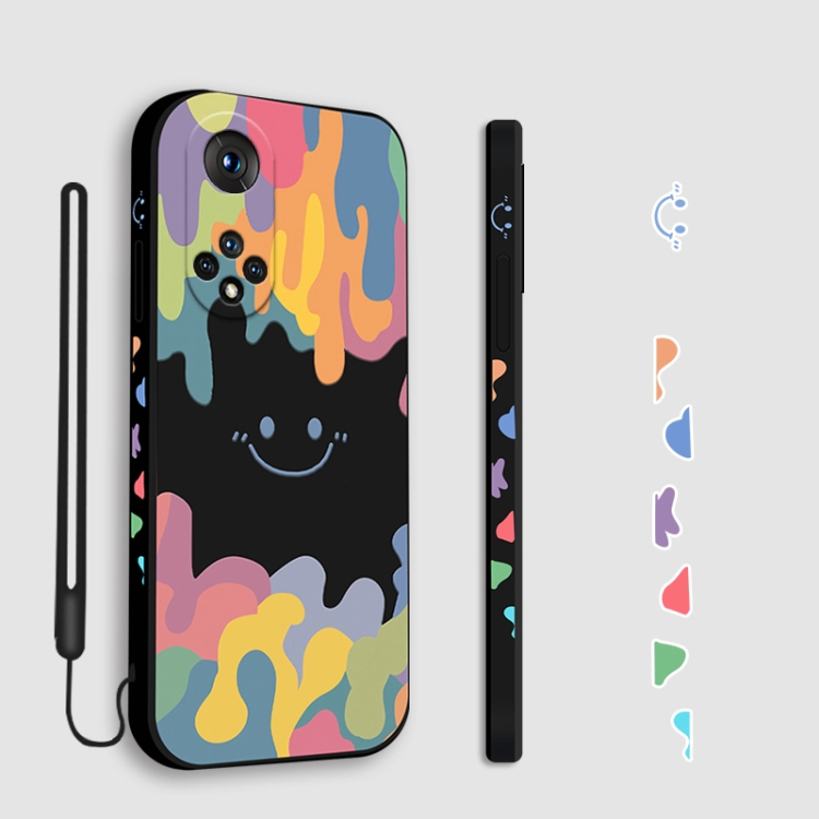 

For Honor 50 Pro Cube Painted Smiley Straight Side Liquid Silicone Shockproof Case with Hand Strap(Black)