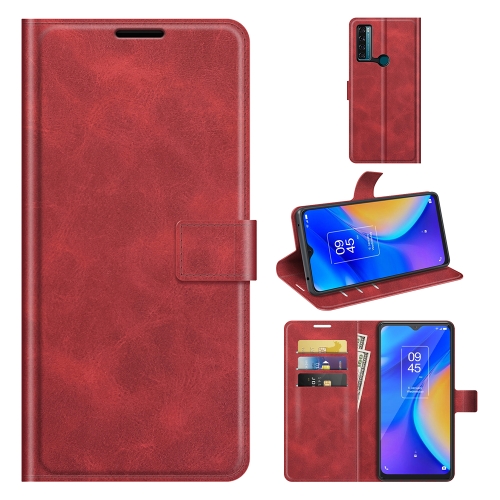 

For TCL 20 SE Retro Calf Pattern Buckle Card Wallet Left and Right Flip Phone Holster with Bracket Function(Red)