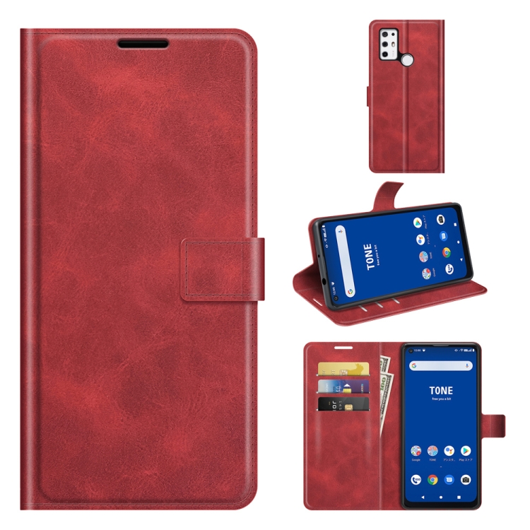 

For Tone E21 Retro Calf Pattern Buckle Card Wallet Left and Right Flip Phone Holster with Bracket Function(Red)