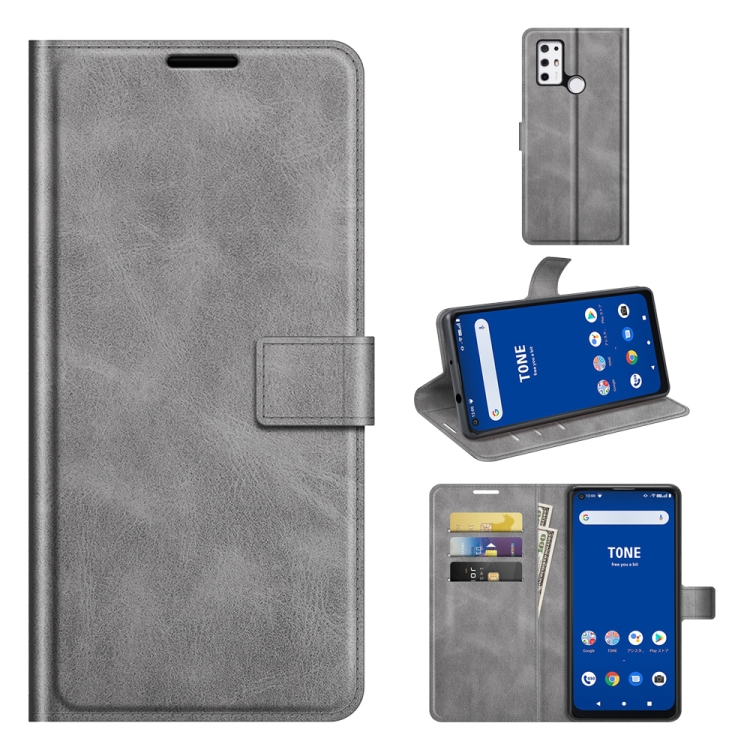 

For Tone E21 Retro Calf Pattern Buckle Card Wallet Left and Right Flip Phone Holster with Bracket Function(Grey)