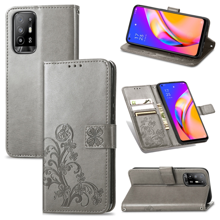 

For OPPO A94 5G / F19 Pro+ 5G / Reno5 Z Four-leaf Clasp Embossed Buckle Mobile Phone Protection Leather Case with Lanyard & Card Slot & Wallet & Bracket Function(Gray)