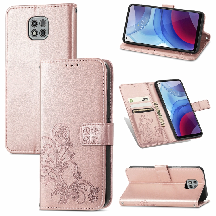 

For Motorola Moto G Power 2021 Four-leaf Clasp Embossed Buckle Mobile Phone Protection Leather Case with Lanyard & Card Slot & Wallet & Bracket Function(Rose Gold)