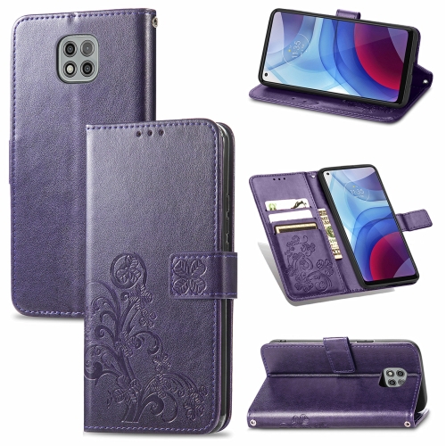 

For Motorola Moto G Power 2021 Four-leaf Clasp Embossed Buckle Mobile Phone Protection Leather Case with Lanyard & Card Slot & Wallet & Bracket Function(Purple)