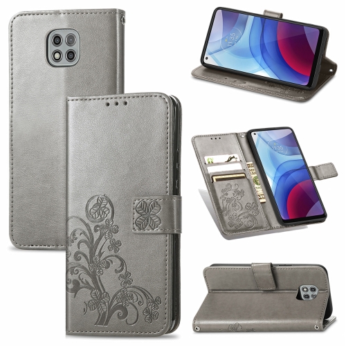 

For Motorola Moto G Power 2021 Four-leaf Clasp Embossed Buckle Mobile Phone Protection Leather Case with Lanyard & Card Slot & Wallet & Bracket Function(Gray)