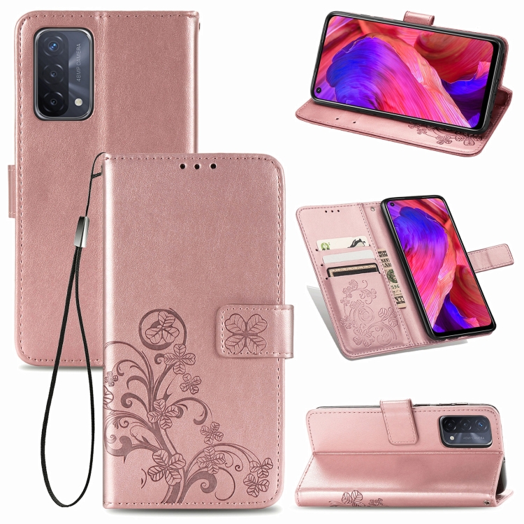 

For OPPO A54 5G Four-leaf Clasp Embossed Buckle Mobile Phone Protection Leather Case with Lanyard & Card Slot & Wallet & Bracket Function(Rose Gold)