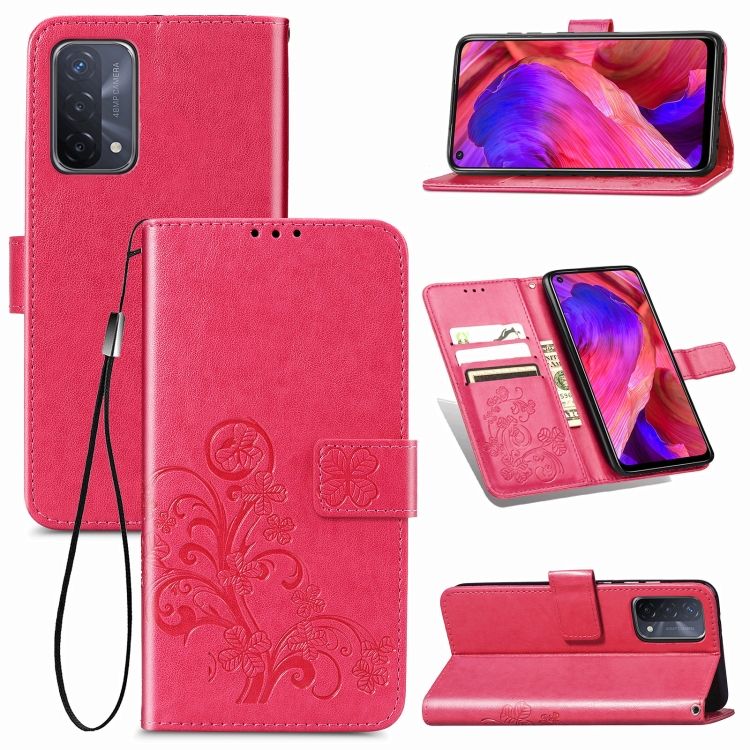 

For OPPO A54 5G Four-leaf Clasp Embossed Buckle Mobile Phone Protection Leather Case with Lanyard & Card Slot & Wallet & Bracket Function(Magenta)