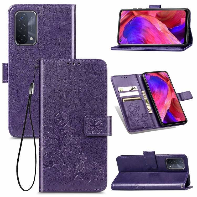 

For OPPO A54 5G Four-leaf Clasp Embossed Buckle Mobile Phone Protection Leather Case with Lanyard & Card Slot & Wallet & Bracket Function(Purple)