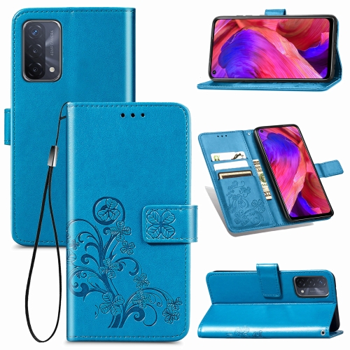 

For OPPO A54 5G Four-leaf Clasp Embossed Buckle Mobile Phone Protection Leather Case with Lanyard & Card Slot & Wallet & Bracket Function(Blue)