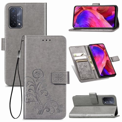 

For OPPO A54 5G Four-leaf Clasp Embossed Buckle Mobile Phone Protection Leather Case with Lanyard & Card Slot & Wallet & Bracket Function(Gray)