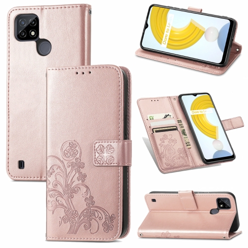 

For OPPO Realme C21 Four-leaf Clasp Embossed Buckle Mobile Phone Protection Leather Case with Lanyard & Card Slot & Wallet & Bracket Function(Rose Gold)