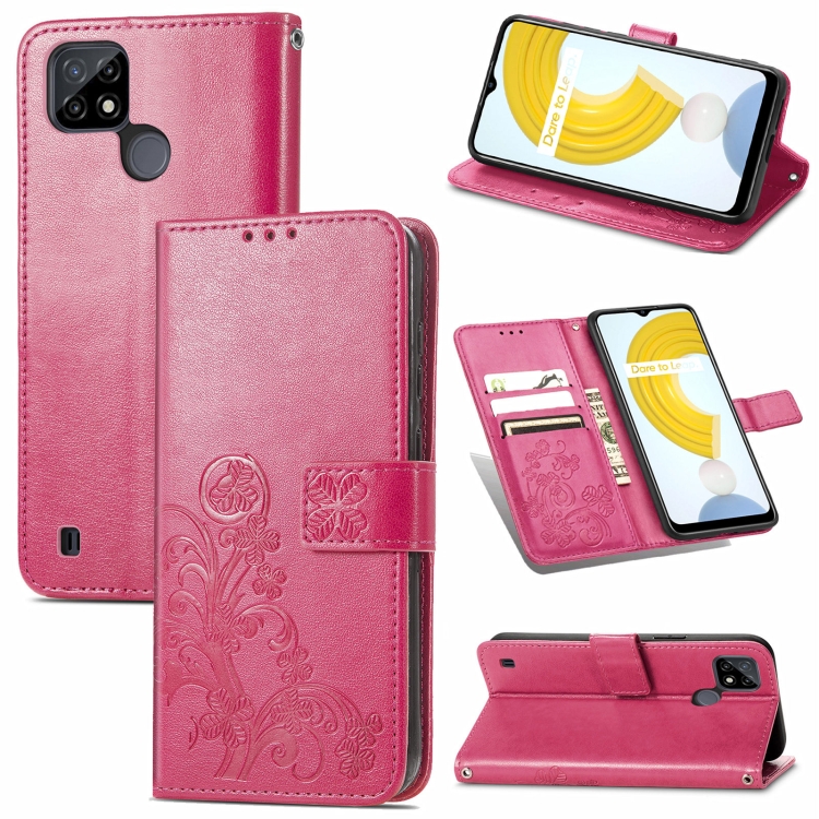 

For OPPO Realme C21 Four-leaf Clasp Embossed Buckle Mobile Phone Protection Leather Case with Lanyard & Card Slot & Wallet & Bracket Function(Magenta)