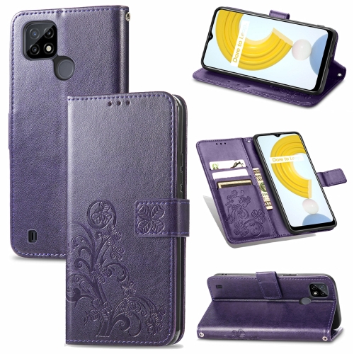 

For OPPO Realme C21 Four-leaf Clasp Embossed Buckle Mobile Phone Protection Leather Case with Lanyard & Card Slot & Wallet & Bracket Function(Purple)