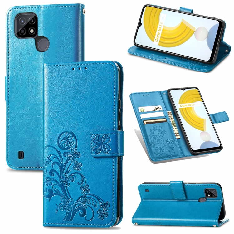 

For OPPO Realme C21 Four-leaf Clasp Embossed Buckle Mobile Phone Protection Leather Case with Lanyard & Card Slot & Wallet & Bracket Function(Blue)