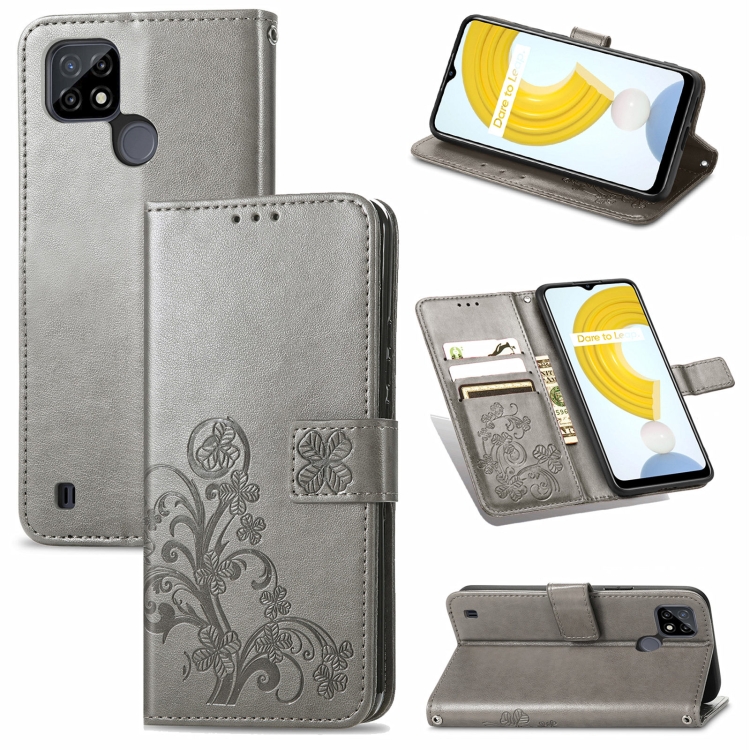 

For OPPO Realme C21 Four-leaf Clasp Embossed Buckle Mobile Phone Protection Leather Case with Lanyard & Card Slot & Wallet & Bracket Function(Gray)