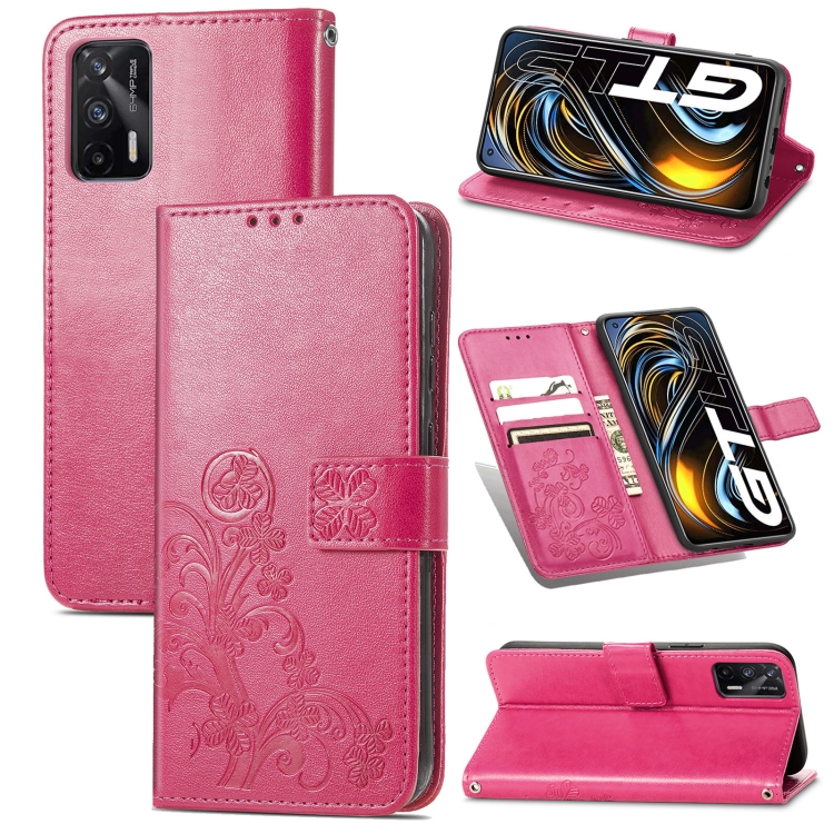 

For OPPO Realme GT 5G / Q3 Pro 5G Four-leaf Clasp Embossed Buckle Mobile Phone Protection Leather Case with Lanyard & Card Slot & Wallet & Bracket Function(Magenta)
