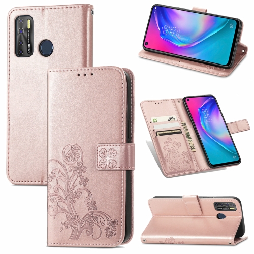 

For Tecno Camon 15 Four-leaf Clasp Embossed Buckle Mobile Phone Protection Leather Case with Lanyard & Card Slot & Wallet & Bracket Function(Rose Gold)