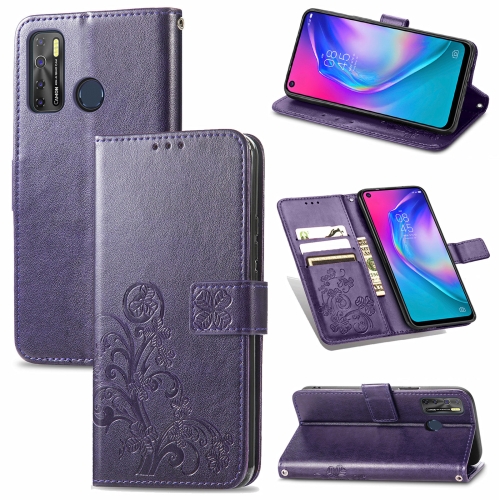 

For Tecno Camon 15 Four-leaf Clasp Embossed Buckle Mobile Phone Protection Leather Case with Lanyard & Card Slot & Wallet & Bracket Function(Purple)