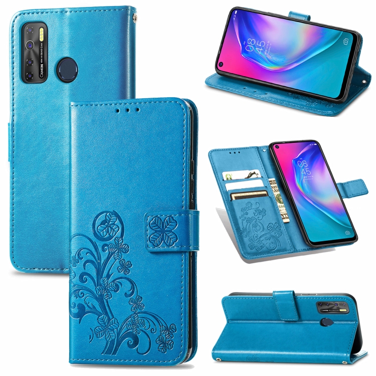 

For Tecno Camon 15 Four-leaf Clasp Embossed Buckle Mobile Phone Protection Leather Case with Lanyard & Card Slot & Wallet & Bracket Function(Blue)
