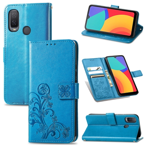 

For Alcatel 1L 2021 Four-leaf Clasp Embossed Buckle Mobile Phone Protection Leather Case with Lanyard & Card Slot & Wallet & Bracket Function(Blue)