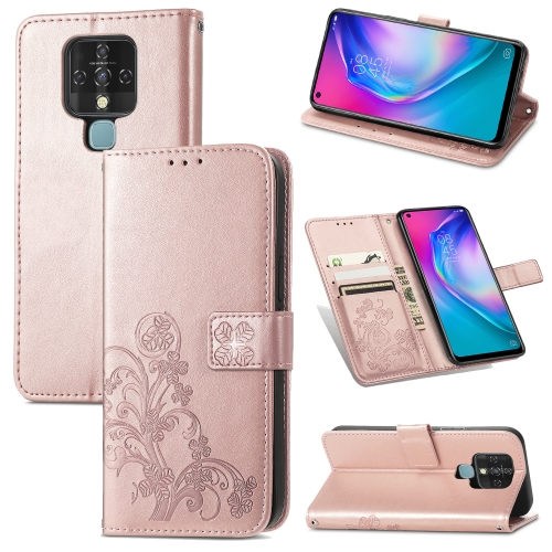 

For Tecno Camon 16 SE Four-leaf Clasp Embossed Buckle Mobile Phone Protection Leather Case with Lanyard & Card Slot & Wallet & Bracket Function(Rose Gold)